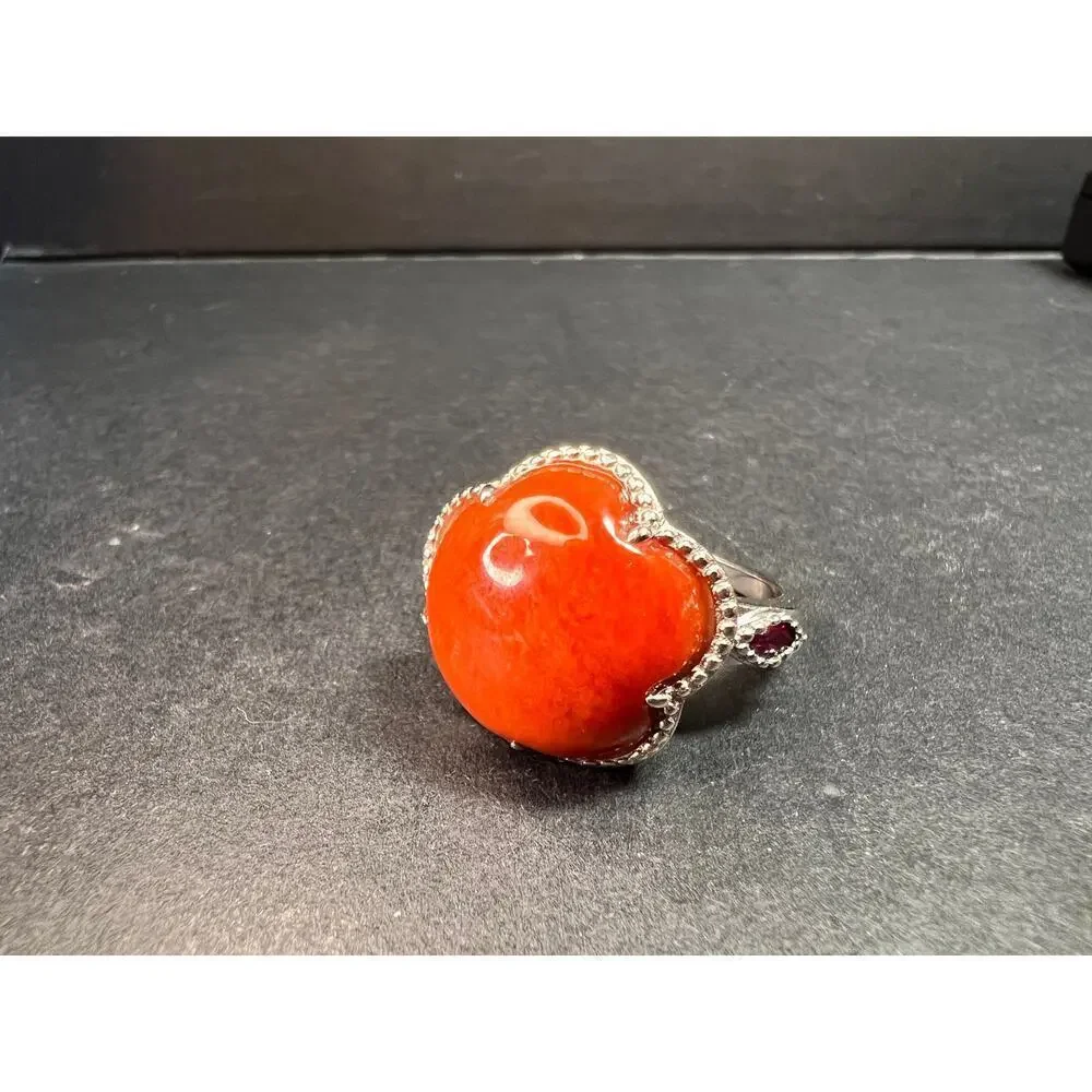 NEW cherry red jade and ruby blossom ring in rhodium over sterling silver size 6